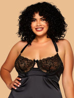 Women's Black Floral Lace Bust Satin Nightdress With Halter Neck – Plus Size S–3XL | ZerJAMA