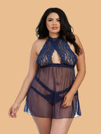 Plus Size Navy Blue Halter Neck Lace Nightdress