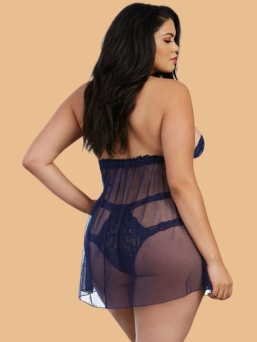 Plus Size Navy Blue Halter Neck Lace Nightdress