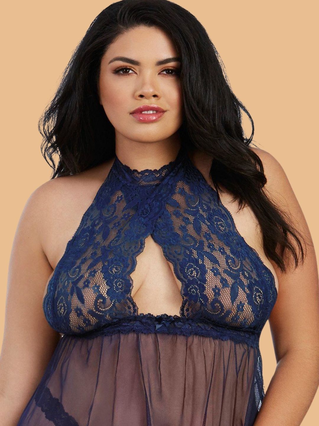 Plus Size Navy Blue Halter Neck Lace Nightdress