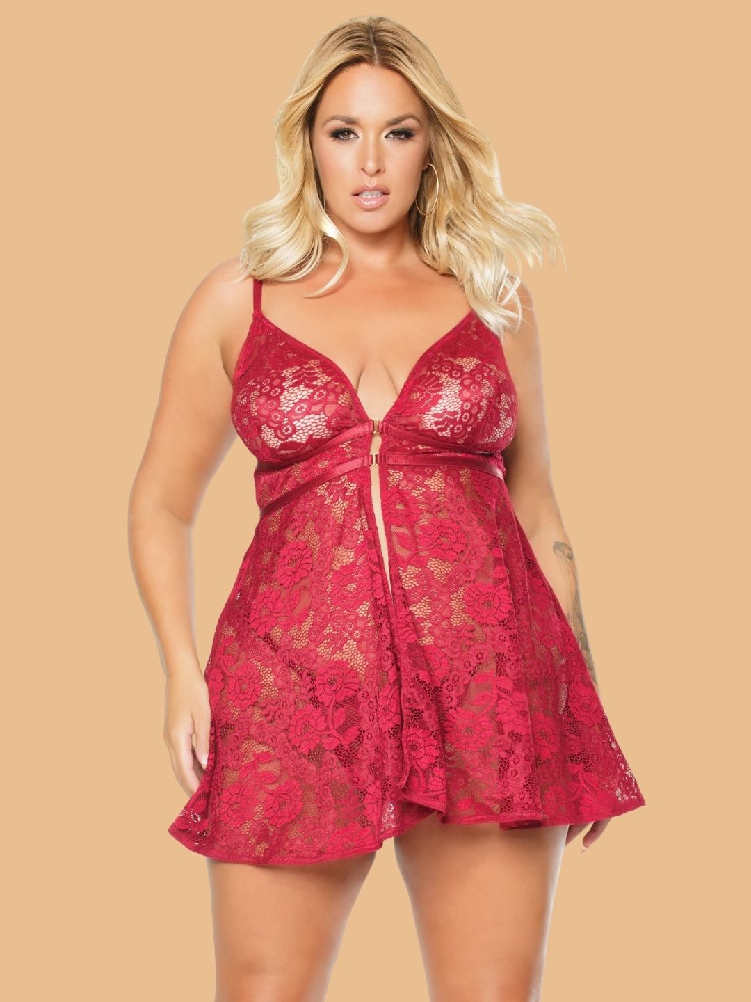 Plus Size Maroon Floral Lace Nightdress With Gold Ring Detail