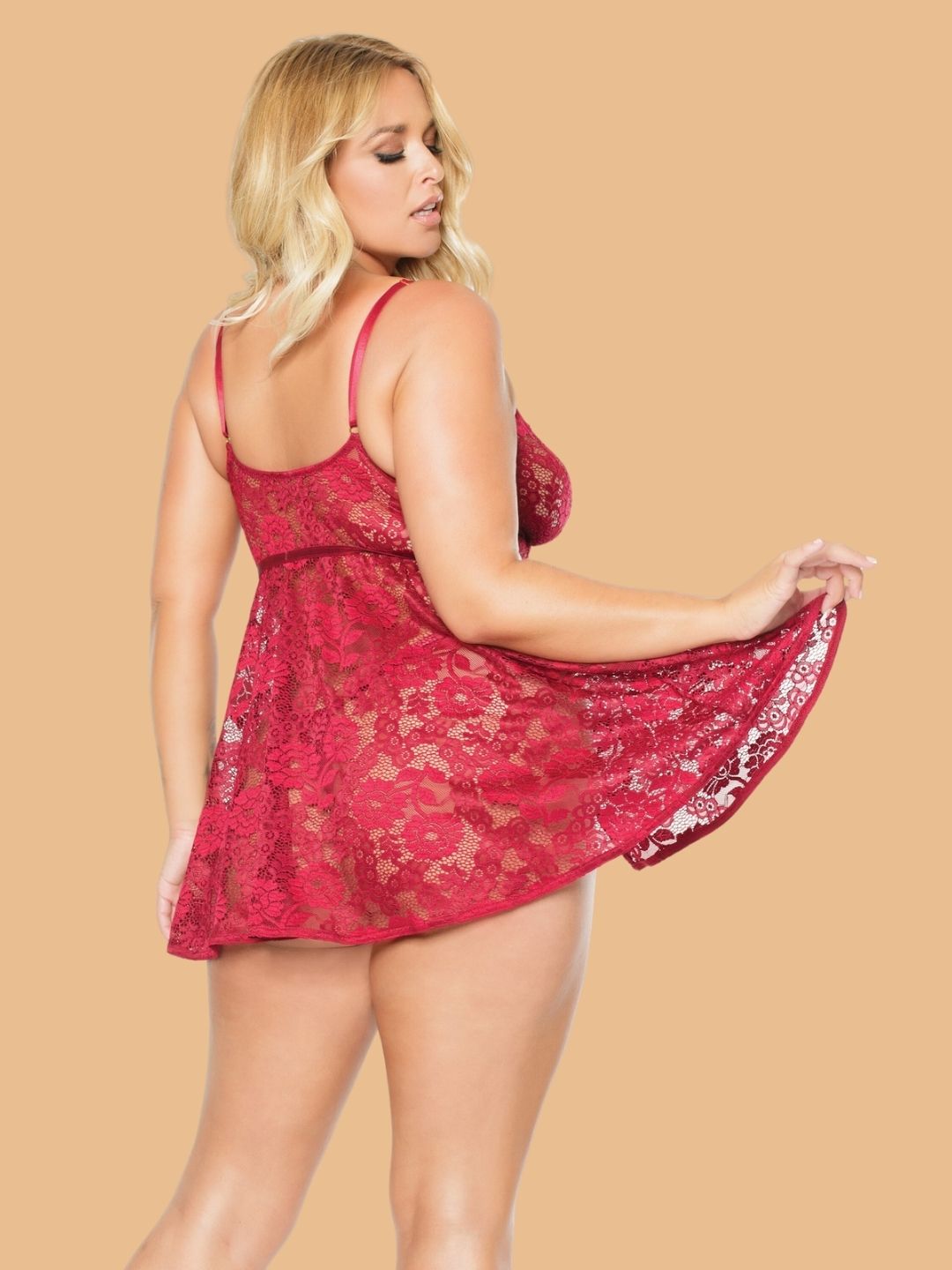 Plus Size Maroon Floral Lace Nightdress With Gold Ring Detail