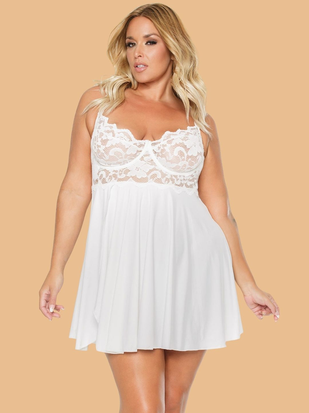 Plus Size White Scallop Lace Bodice Mesh Nightdress
