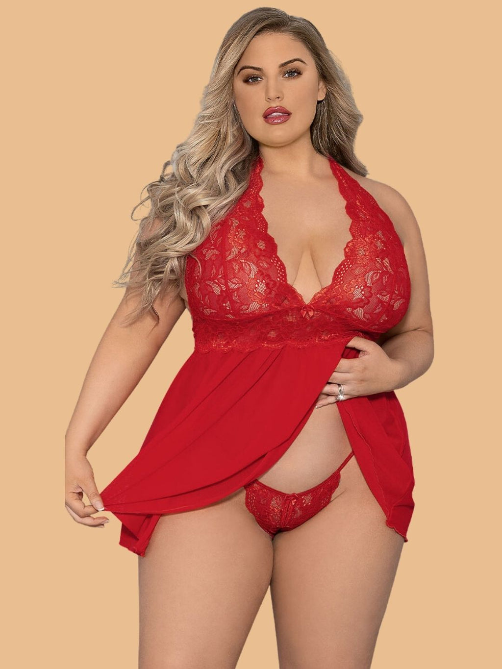 Plus Size Red Floral Lace Nightdress With G String