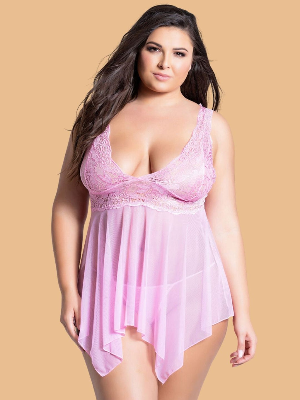 Plus Size Pink Lace Nightdress With Asymmetric Hem