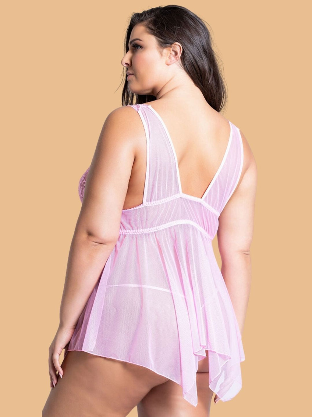 Plus Size Pink Lace Nightdress With Asymmetric Hem