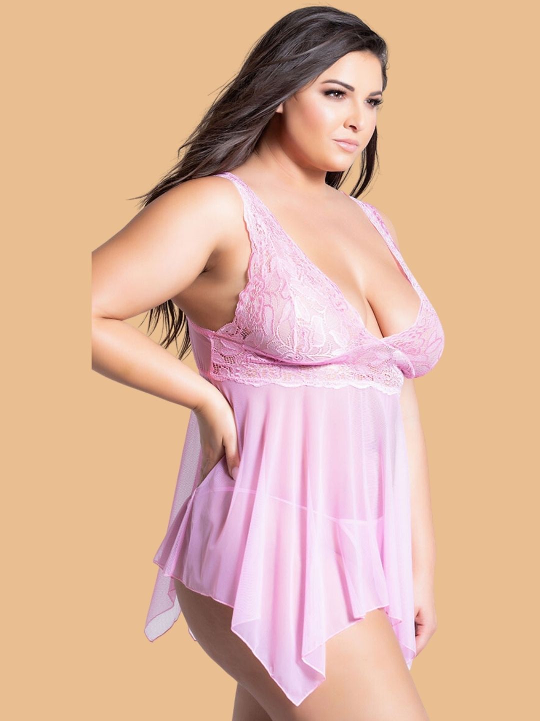Plus Size Pink Lace Nightdress With Asymmetric Hem