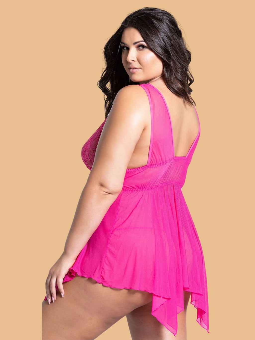 Plus Size Pink Lace Nightdress With Asymmetric Hem