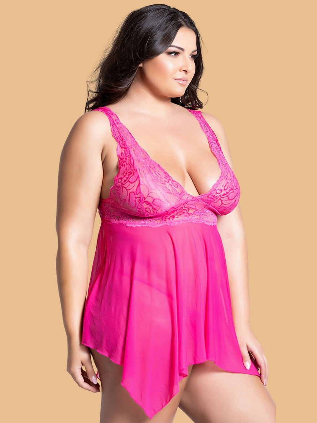 Plus Size Pink Lace Nightdress With Asymmetric Hem