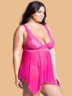 Plus Size Pink Lace Nightdress With Asymmetric Hem