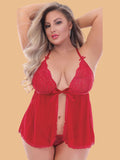 Plus Size Red Lace Deep V Neck Nightdress With Brief