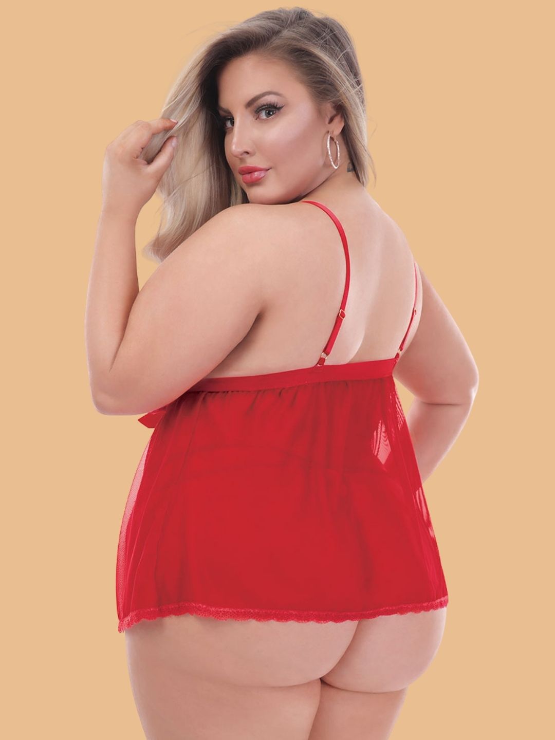 Plus Size Red Lace Deep V Neck Nightdress With Brief