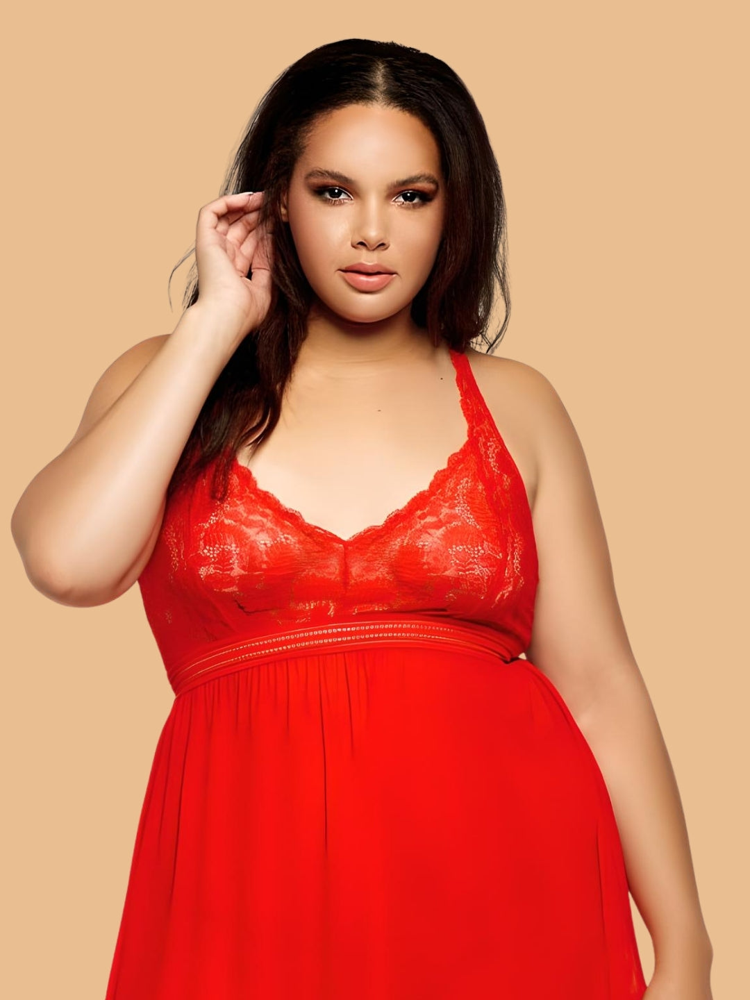 Plus Size Red Floral Lace Nightdress With Cross Back Straps