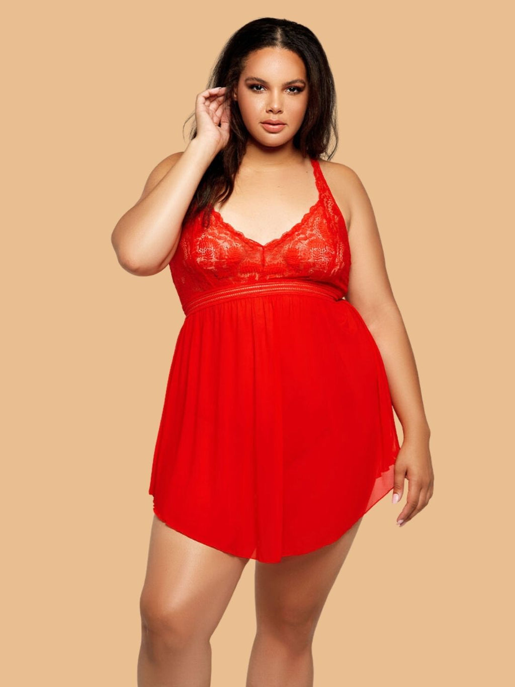 Plus Size Red Floral Lace Nightdress With Cross Back Straps