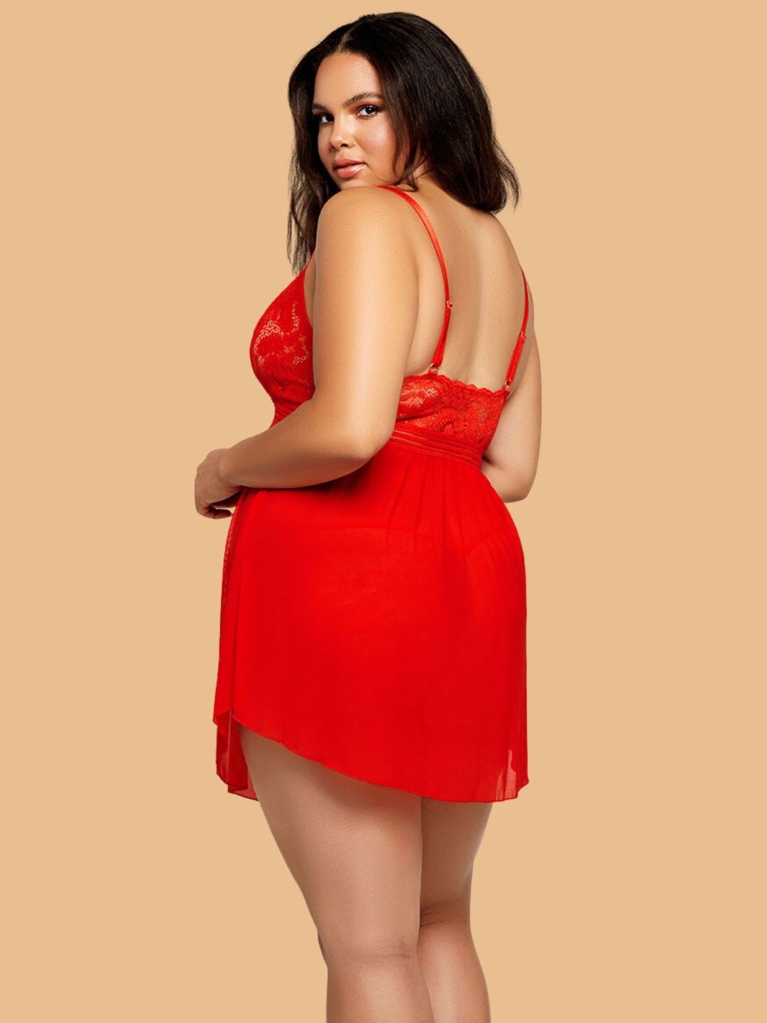 Plus Size Red Floral Lace Nightdress With Cross Back Straps