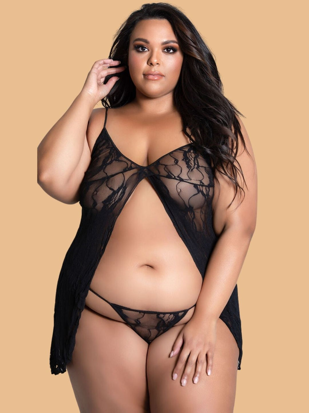 Plus Size Open-Front Lace Nightdress With G-String