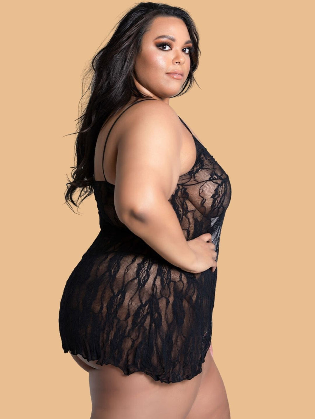 Plus Size Open-Front Lace Nightdress With G-String