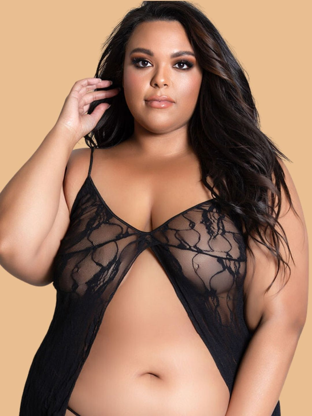 Plus Size Open-Front Lace Nightdress With G-String