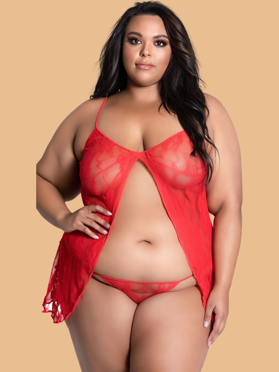 Plus Size Open-Front Lace Nightdress With G-String