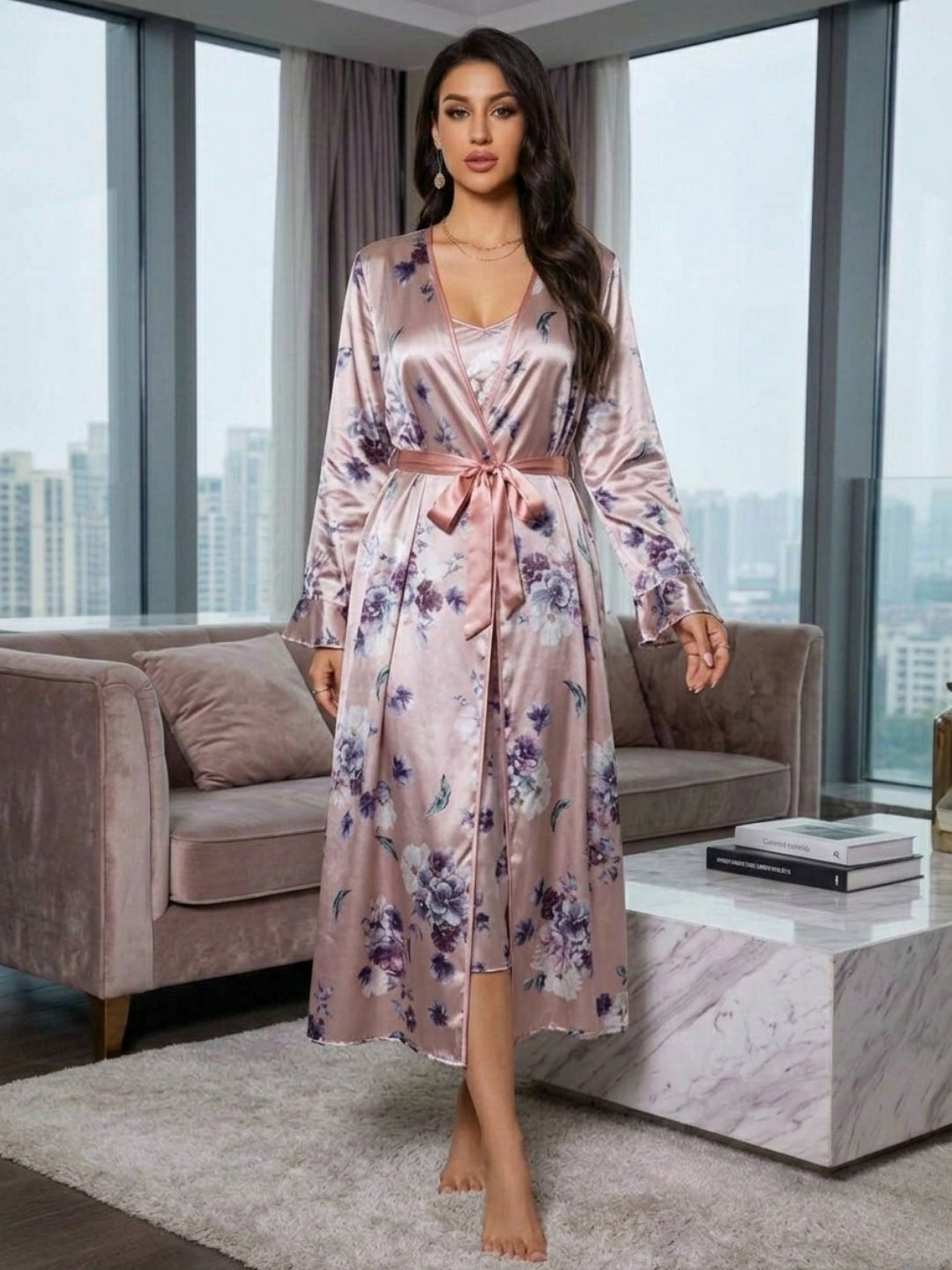 Satin Printed Robe Nightdress