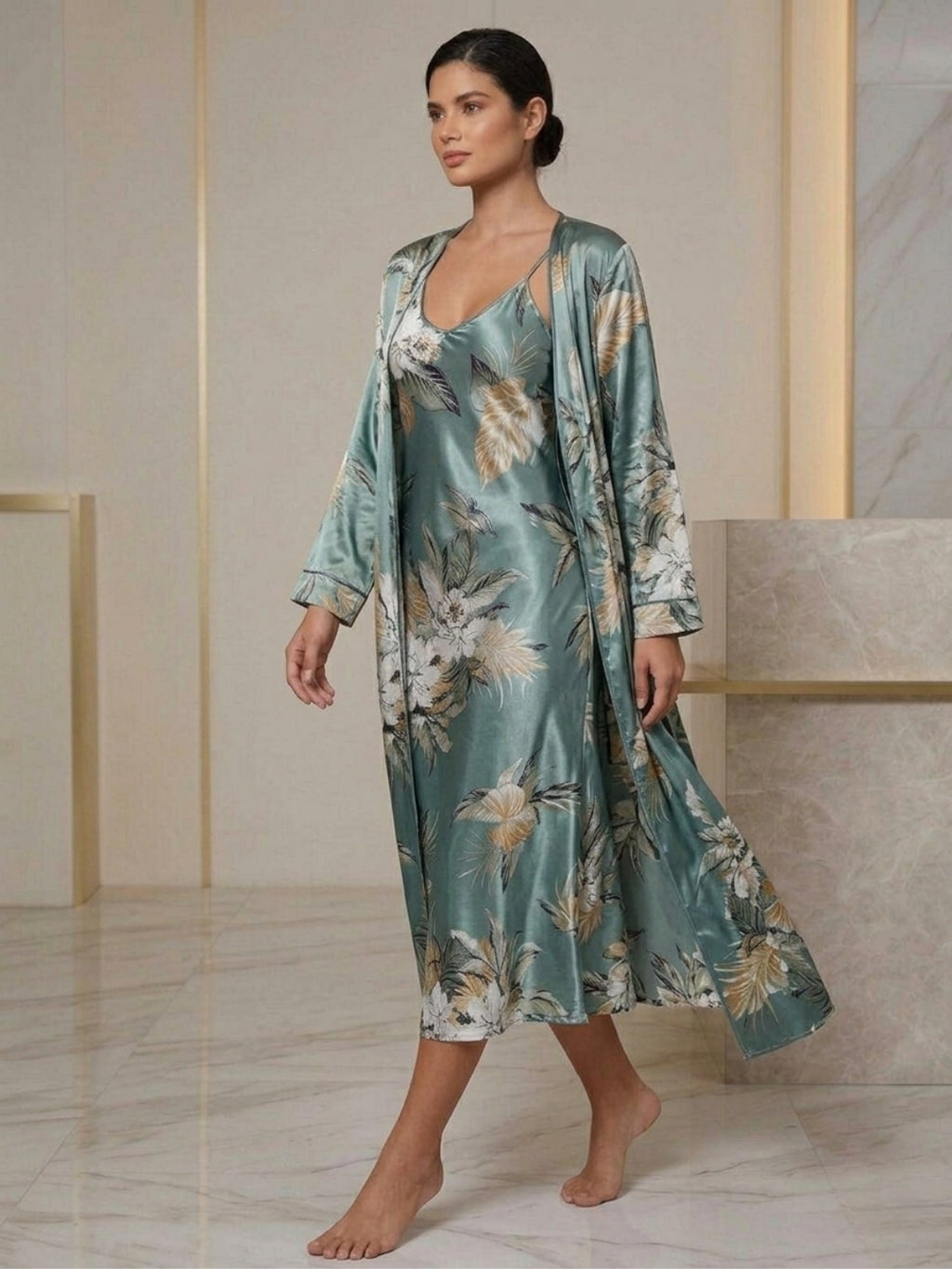 Satin Printed Robe Nightdress