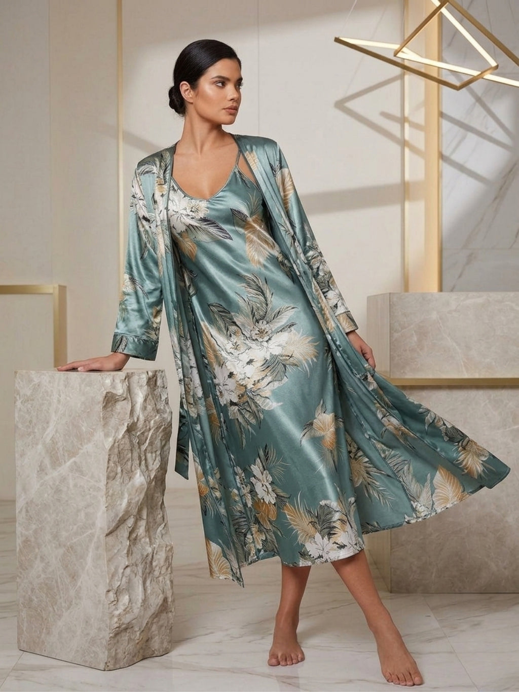 Satin Printed Robe Nightdress