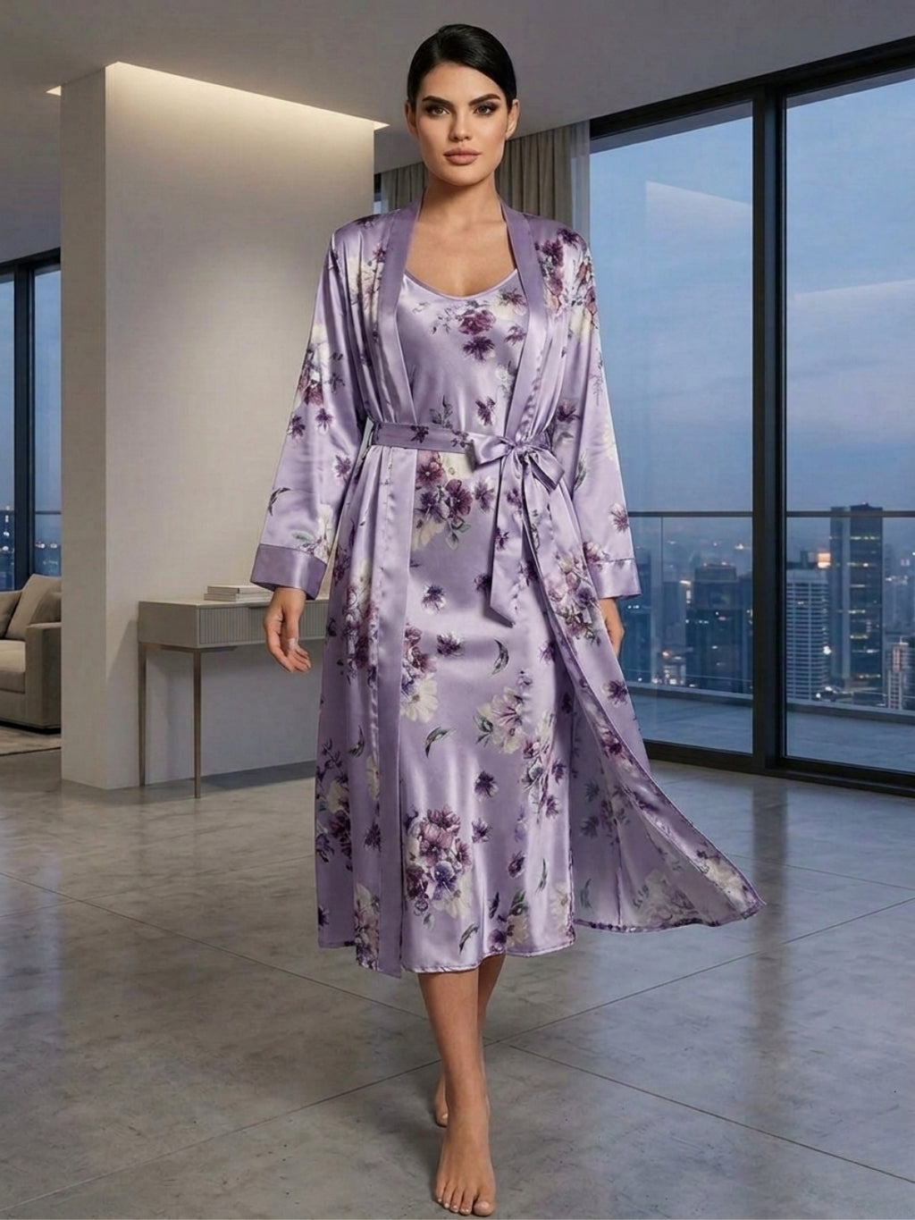 Satin Printed Robe Nightdress