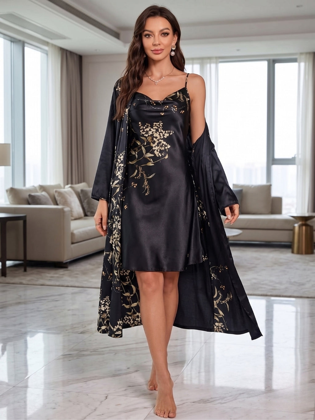 Floral Satin Nightdress & Robe Set