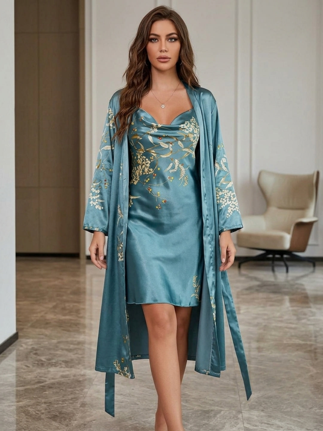 Floral Satin Nightdress & Robe Set