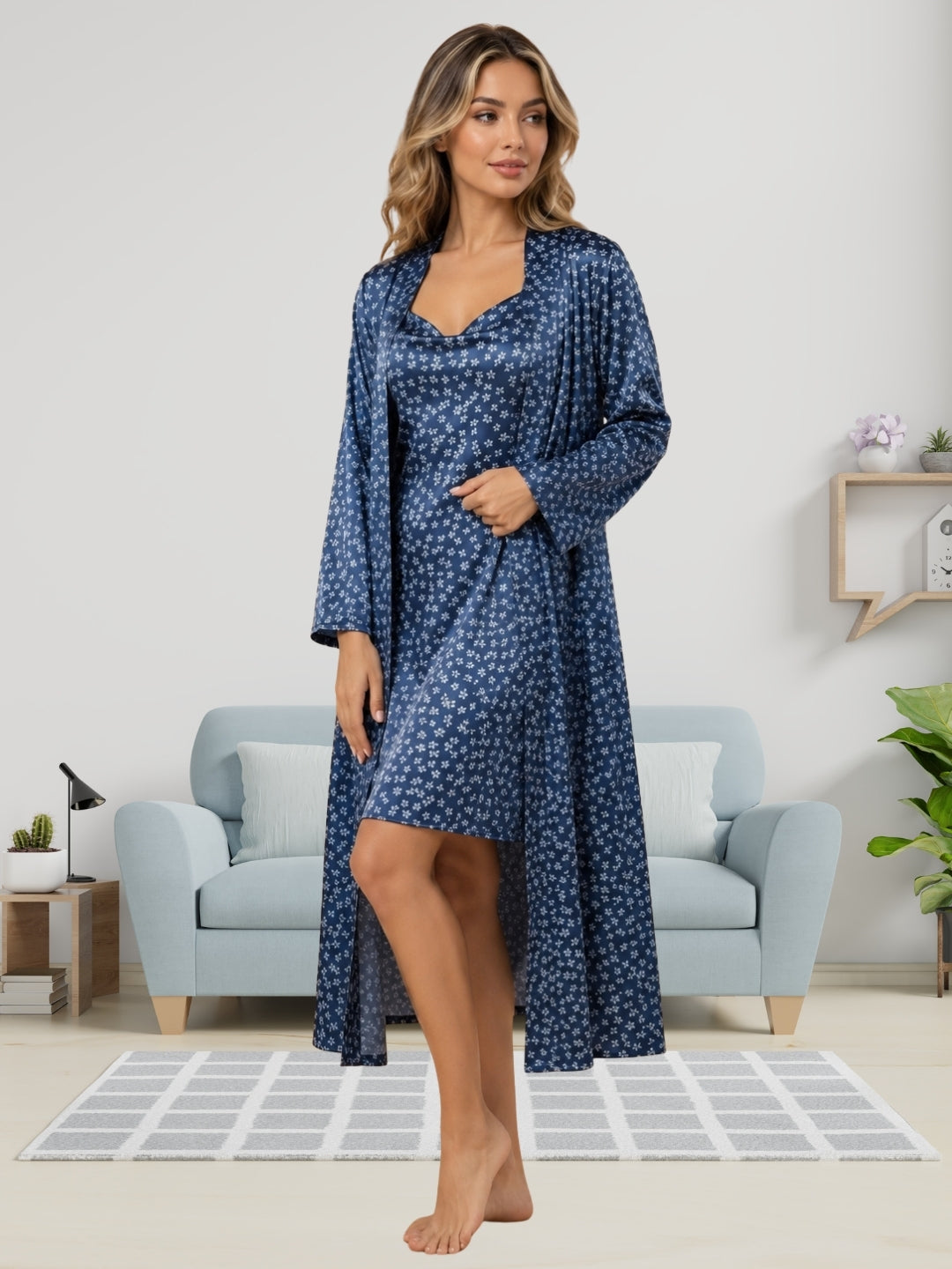 Women's Floral Satin Nightdress With Robe Set