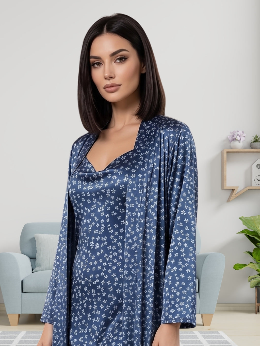 Women's Floral Satin Nightdress With Robe Set