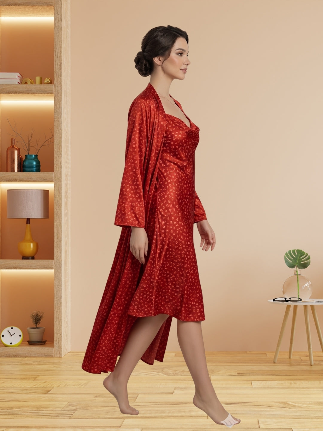 Women's Floral Satin Nightdress With Robe Set