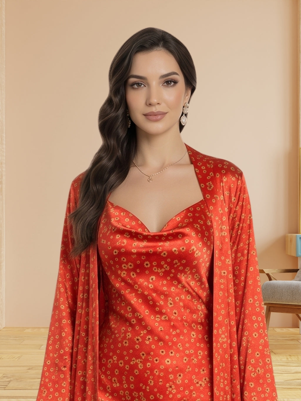 Women's Floral Satin Nightdress With Robe Set