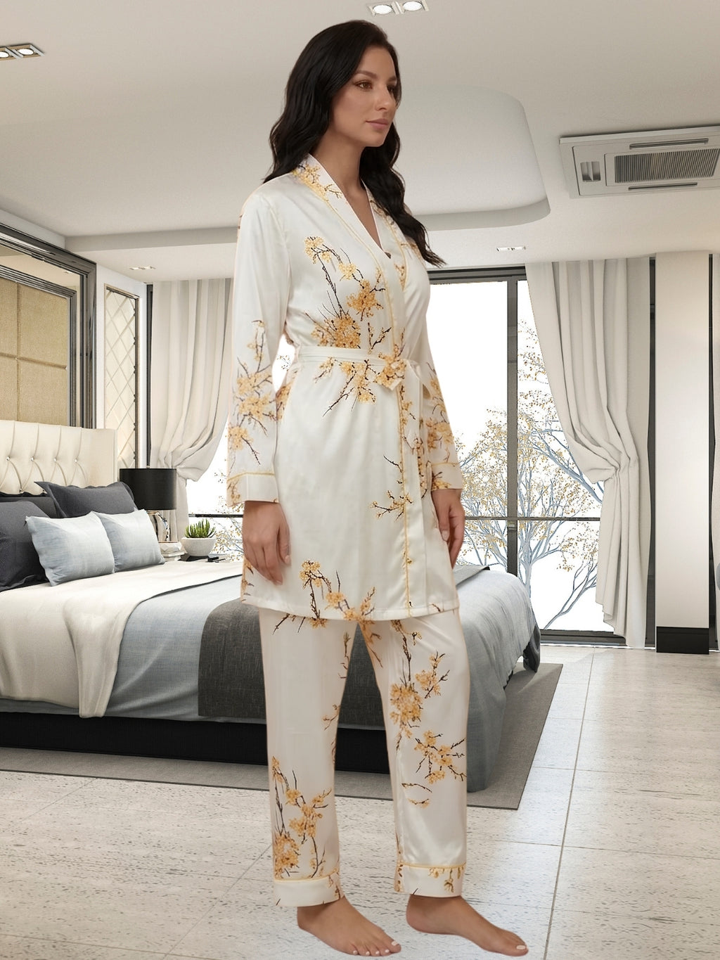 Women's Floral Print Satin Nightsuits Set