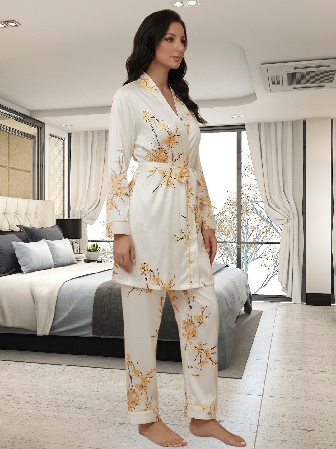 Women's Floral Print Satin Nightsuits Set