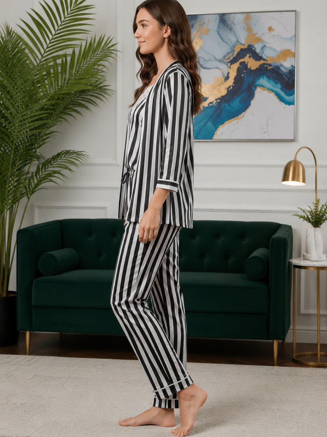 Women's Striped Satin Nightsuits Set