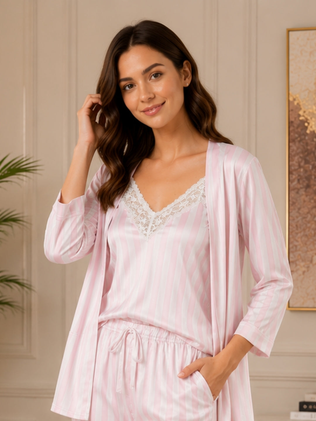 Women's Striped Satin Nightsuits Set