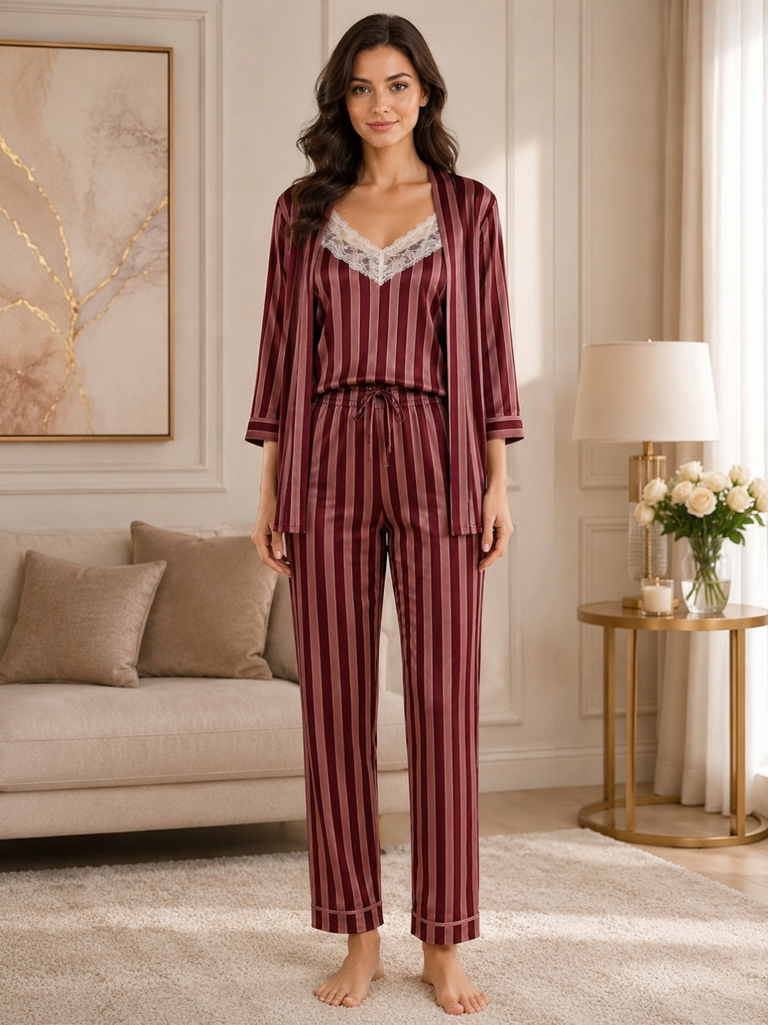 Women's Striped Satin Nightsuits Set