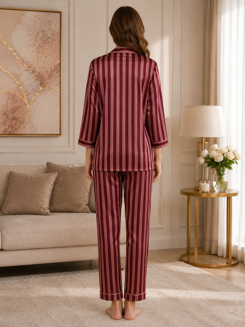 Women's Striped Satin Nightsuits Set