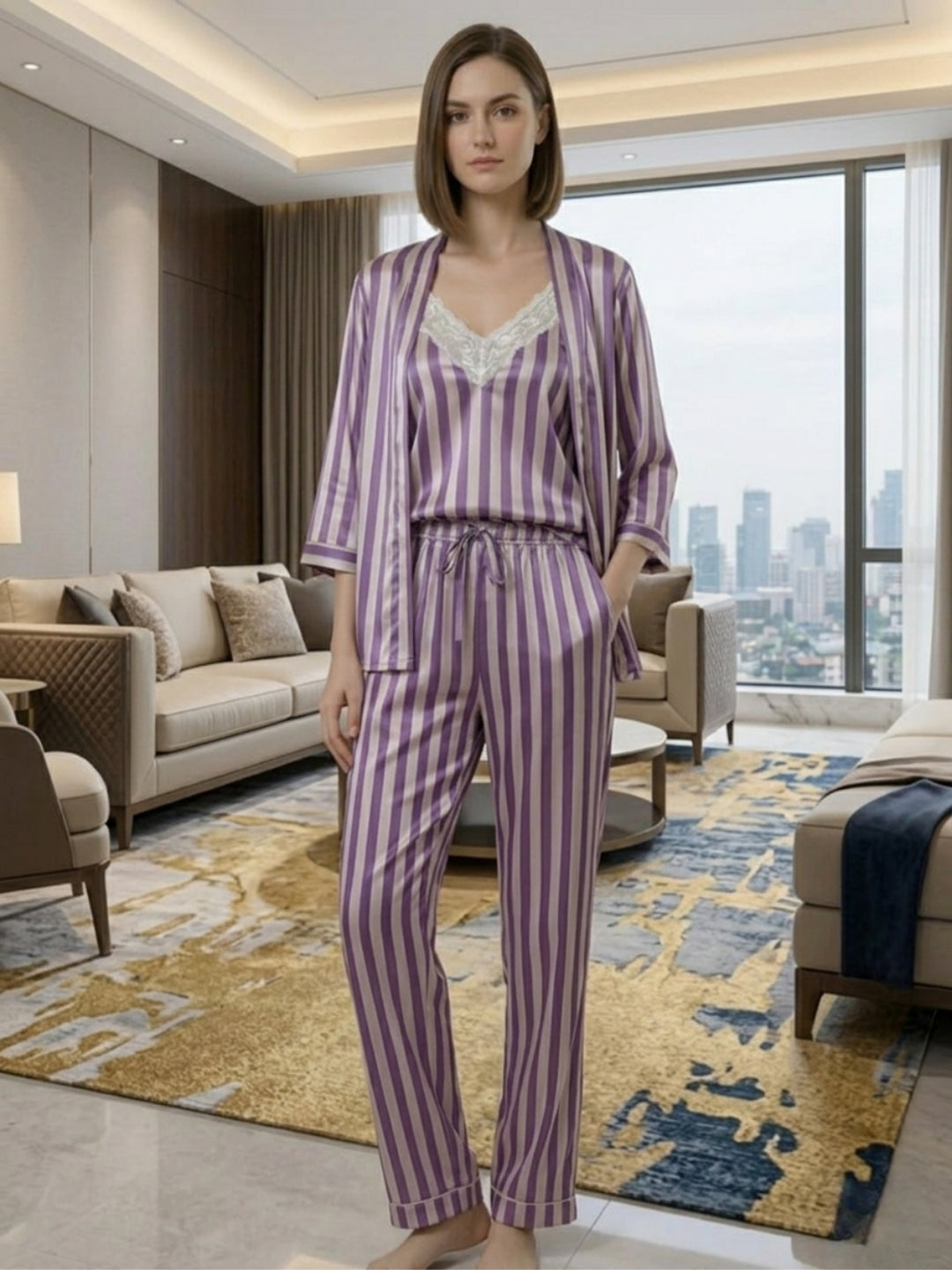 Women's Striped Satin Nightsuits Set