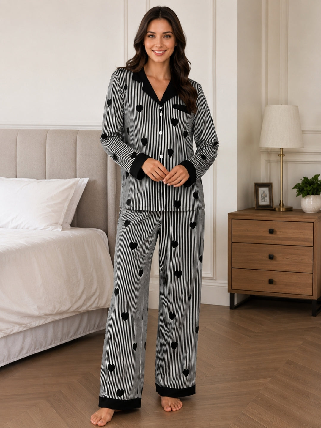 Women's Print Striped Nightsuits Set