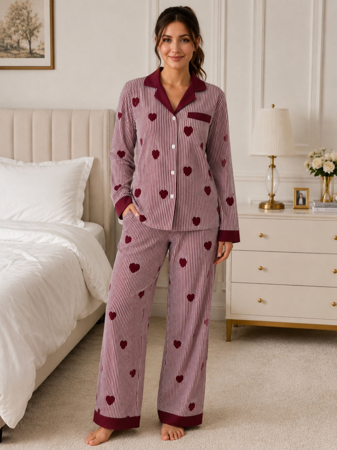 Women's Print Striped Nightsuits Set