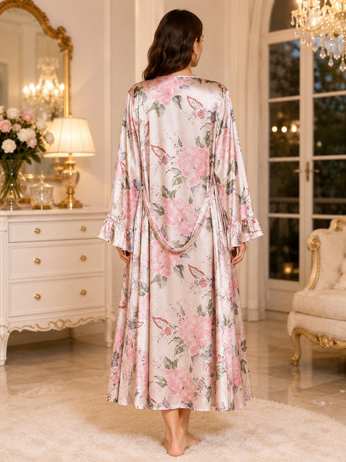 Floral Print Satin Nightgown & Robe Set
