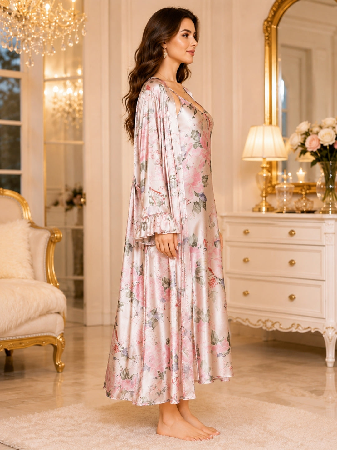 Floral Print Satin Nightgown & Robe Set