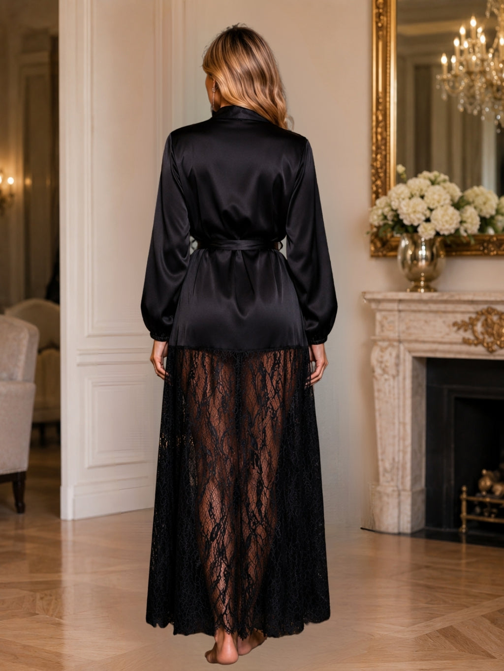 Satin Long Robe with Matching Lace