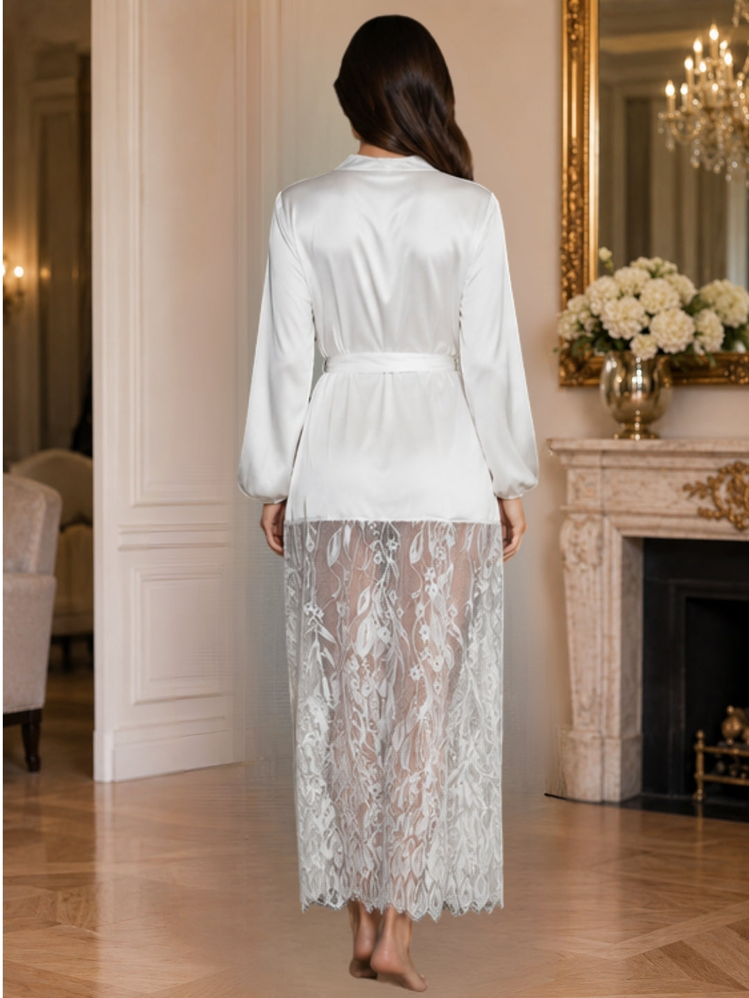 Satin Long Robe with Matching Lace