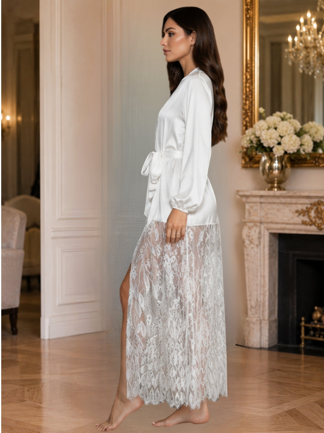 Satin Long Robe with Matching Lace