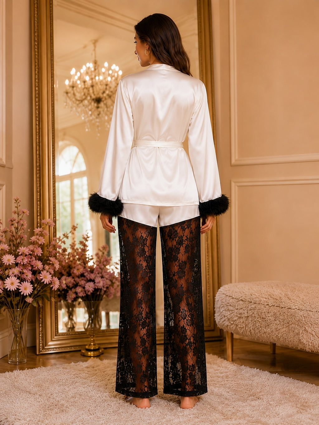 Satin Robe & Lace Pants Set