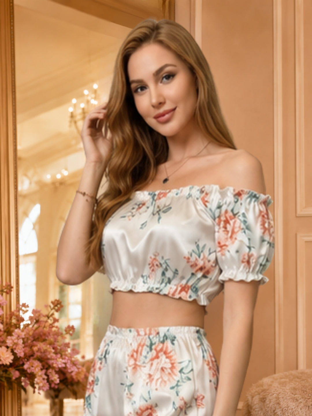 Women's Floral Satin Shorts Camisole Set