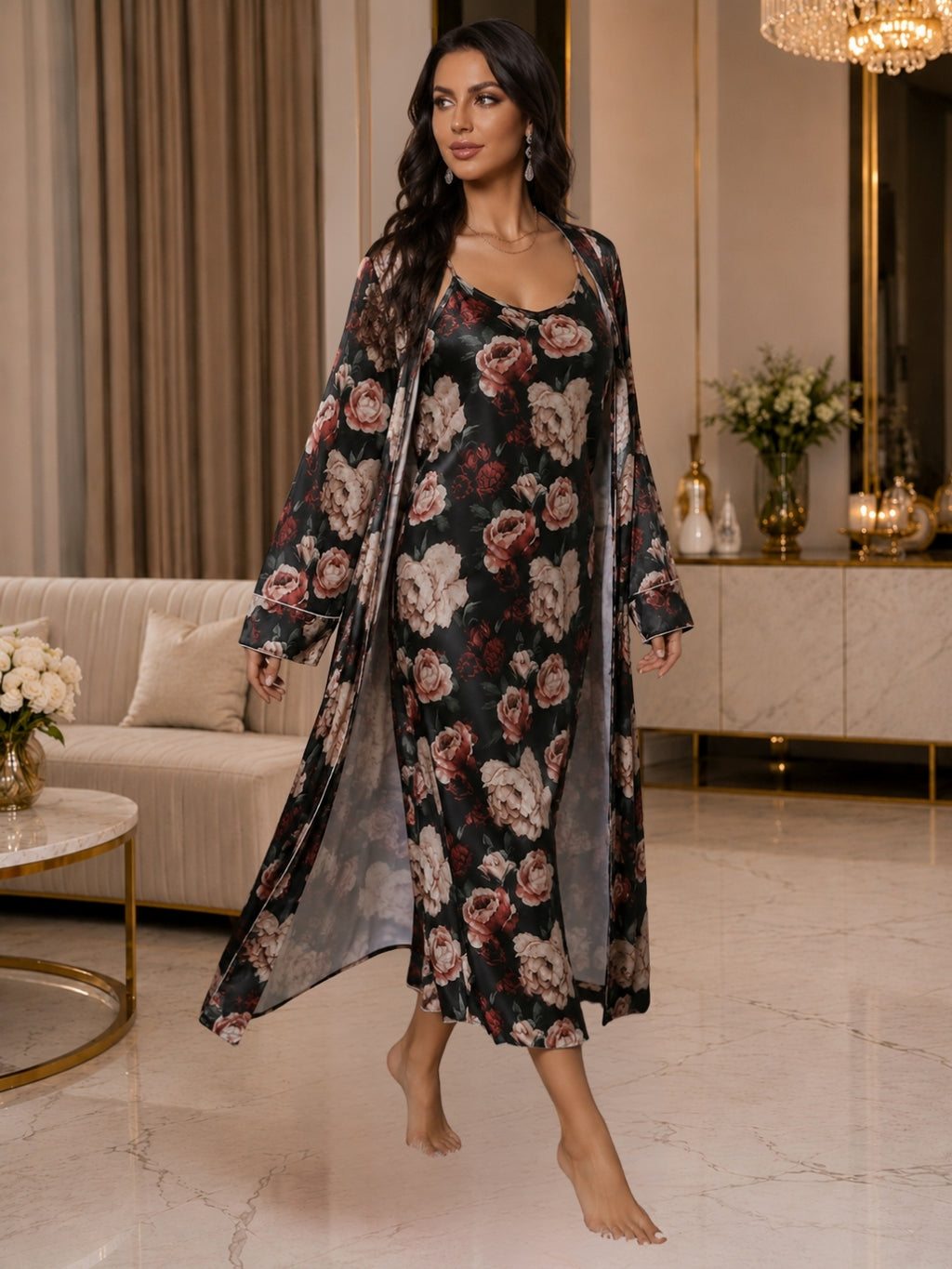 Floral Satin Nightgown & Robe Set
